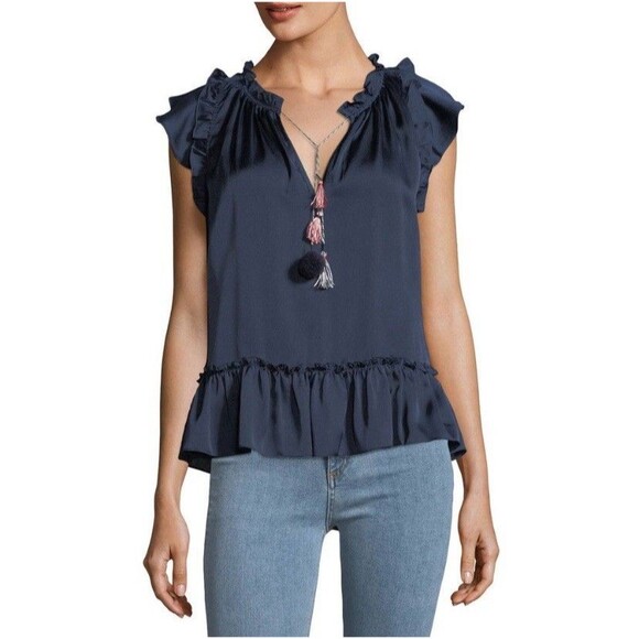 Misa Los Angeles Tops - NWOT Misa Blue Fleur Pom Pom Sleeveless V-Neck Satin Blouse Size Extra Small